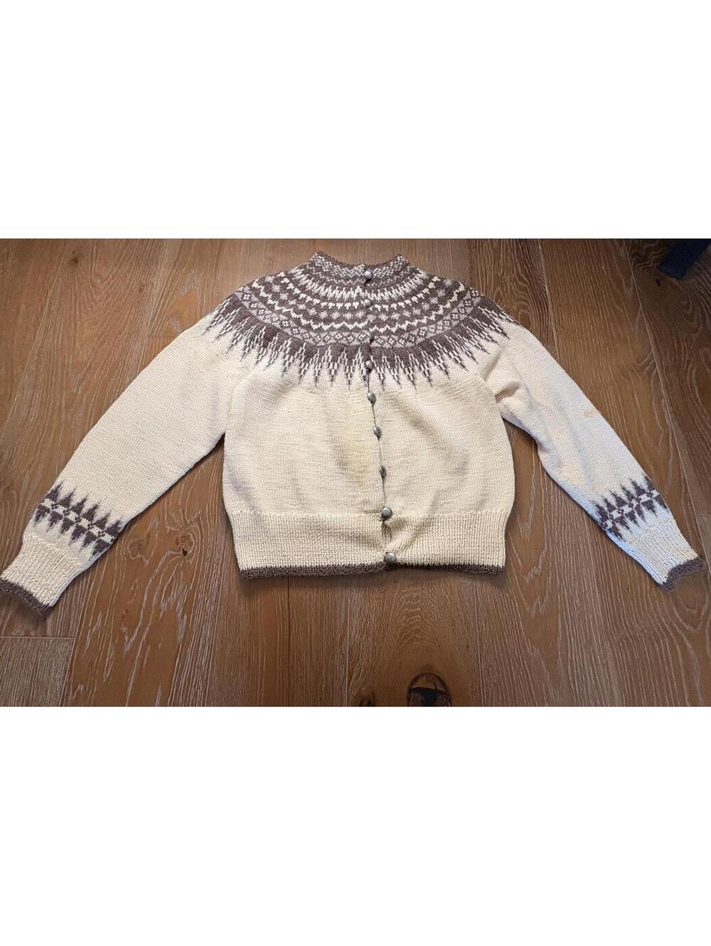 William Schmidt Cream Brown Wool Fair Isle Cardigan Sweater Medium FLAW